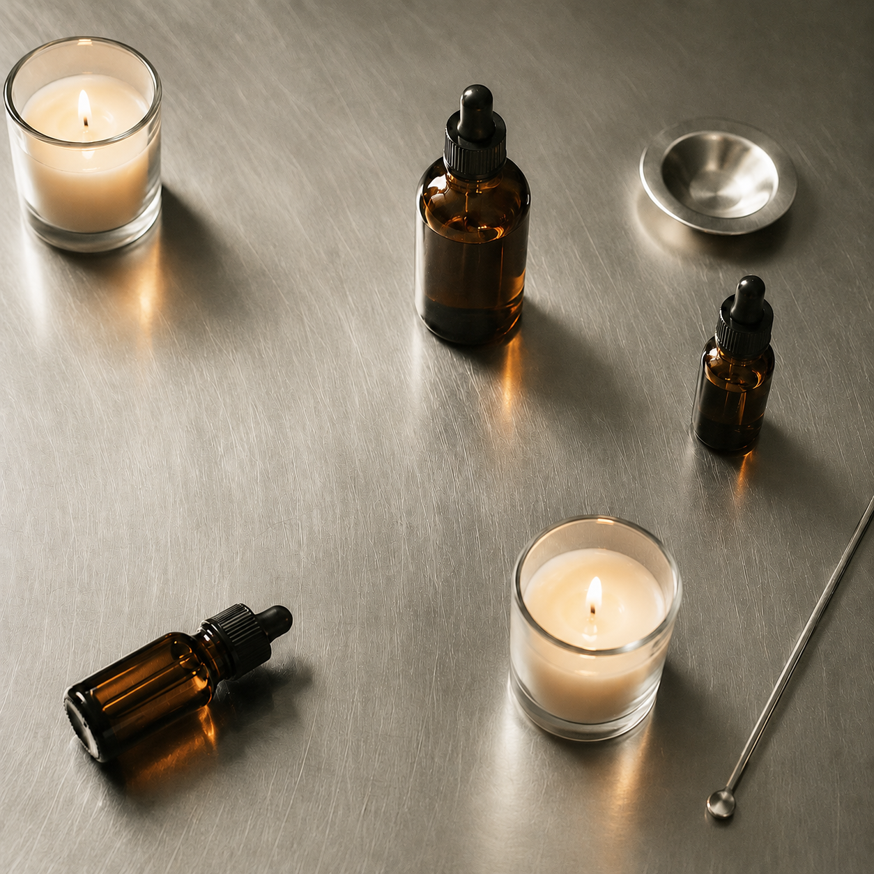 Amber glass dropper bottles and two lit candles arranged on a brushed metal surface, with a small metal scoop nearby.